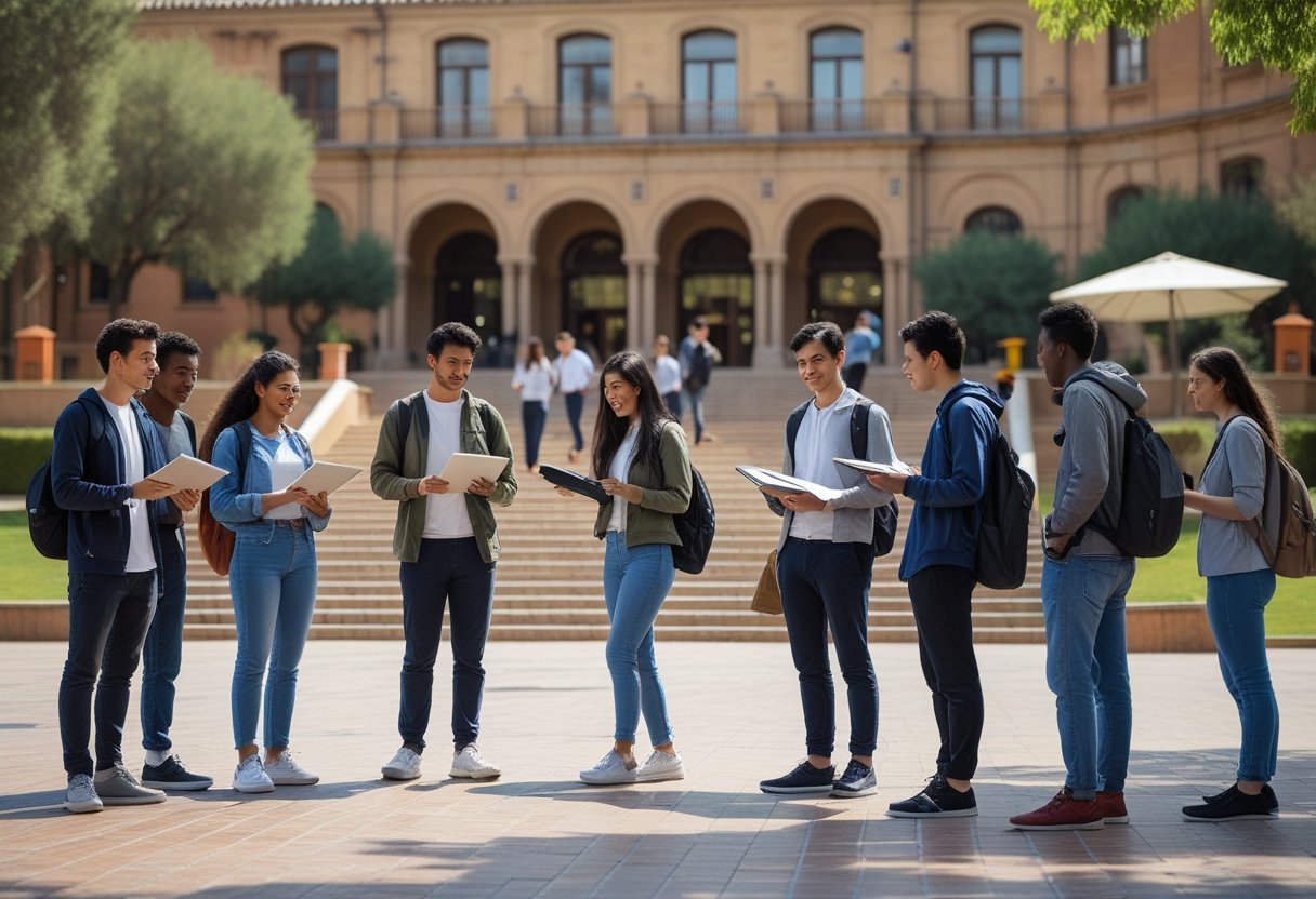 A diverse group of international students studying and talking together on a sunny university campus in Spain with traditional architecture in the background.