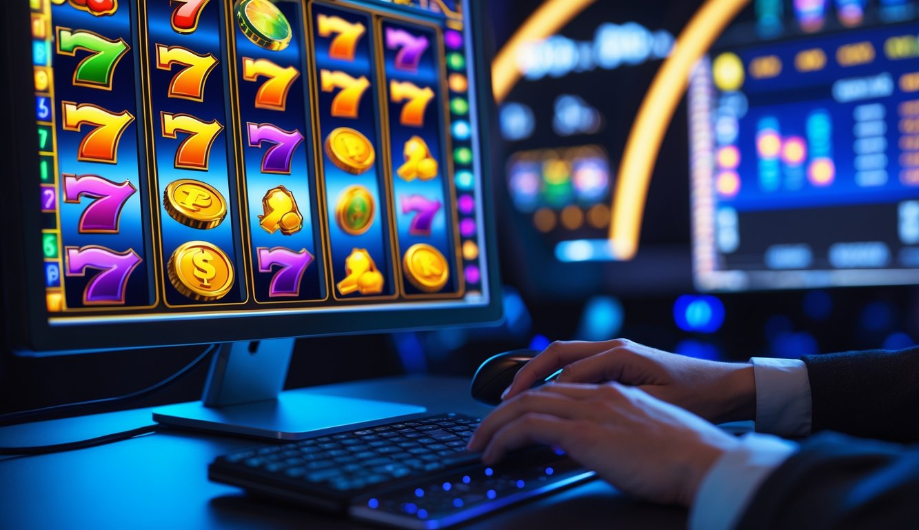 Meja kerja modern dengan komputer yang menampilkan permainan mesin slot online, tangan seseorang sedang menggunakan mouse dan keyboard.