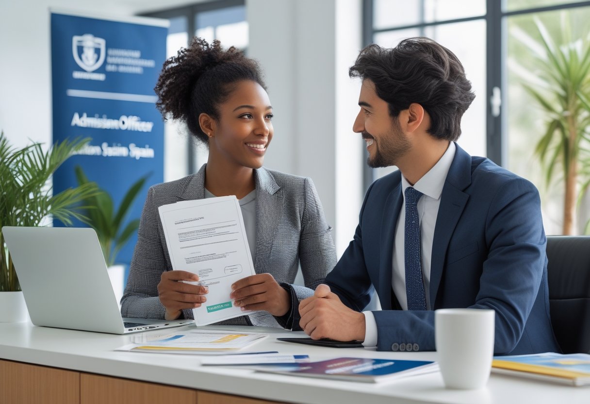An international student speaking with a university admissions officer at a modern admissions office in Spain.