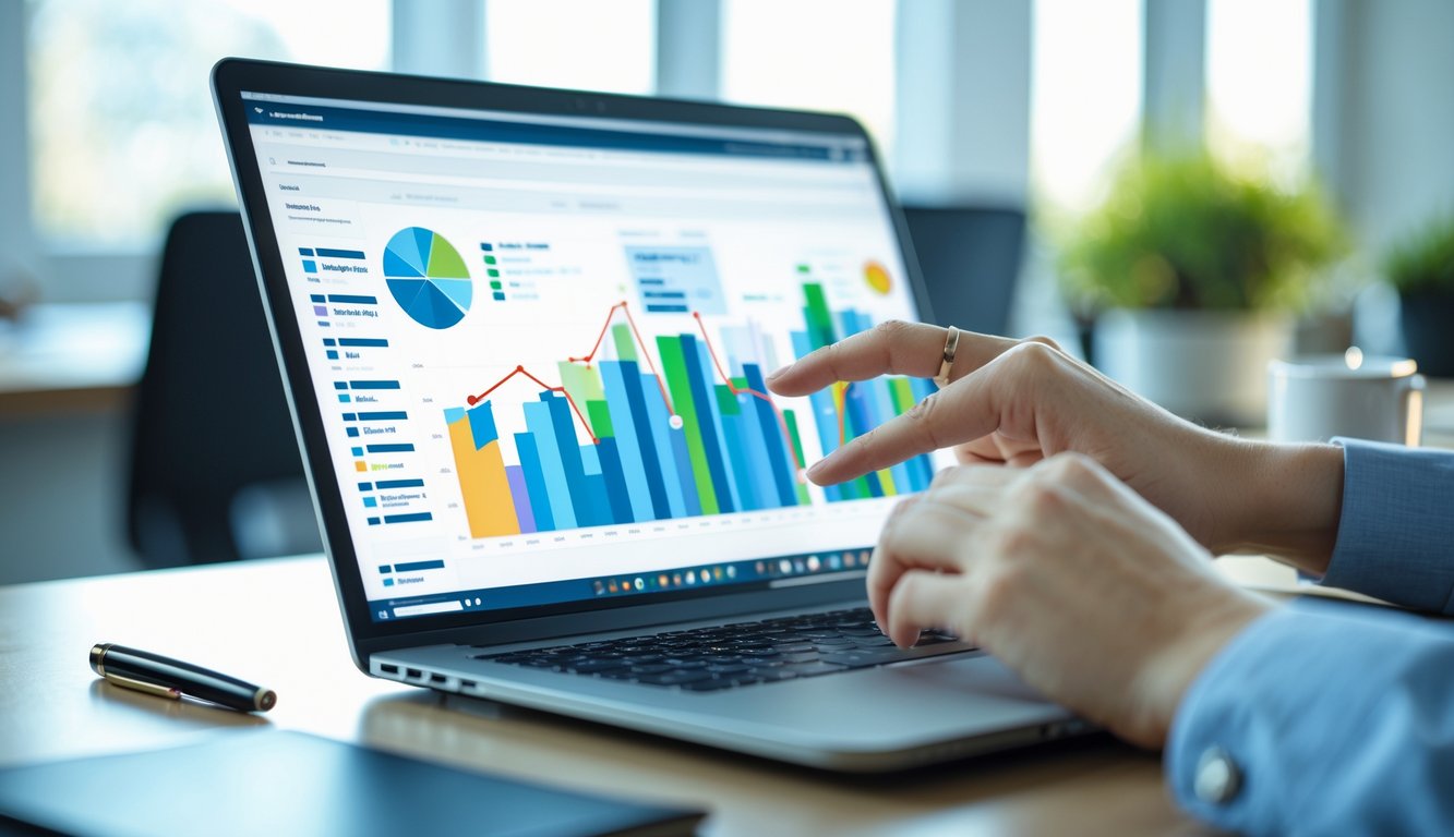 Seseorang menggunakan laptop di meja kerja dengan grafik data yang terlihat di layar, di ruang kantor yang terang dan rapi.