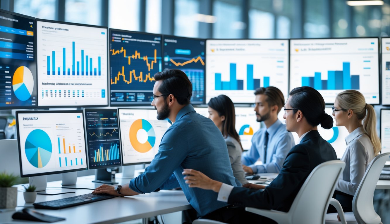 Sejumlah profesional sedang memantau data real-time di ruang kantor modern dengan beberapa layar komputer yang menampilkan grafik dan informasi dinamis.