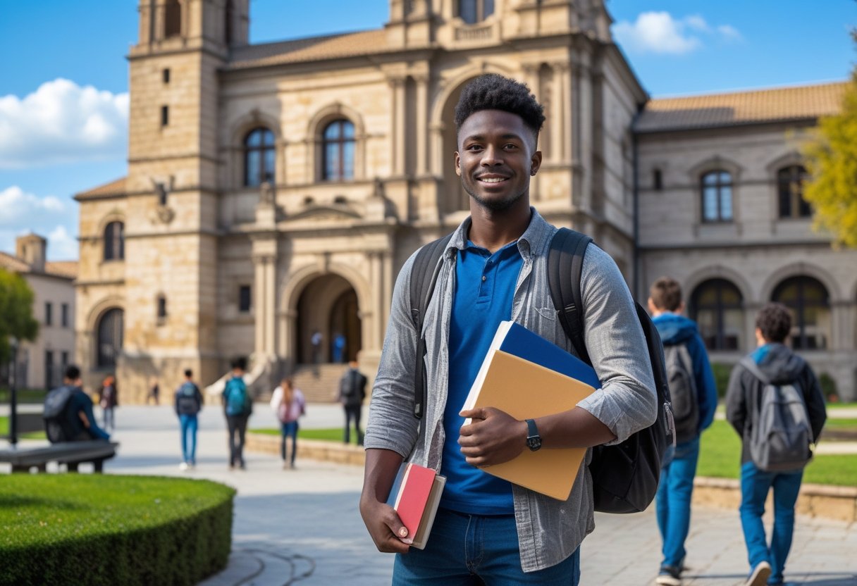 An international student standing outside a historic Spanish university building, holding books and a laptop, with other students and greenery in the background.