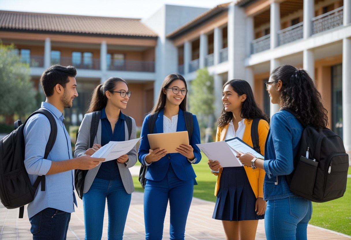 A group of international students talking and looking at documents outside a modern university building in Spain.