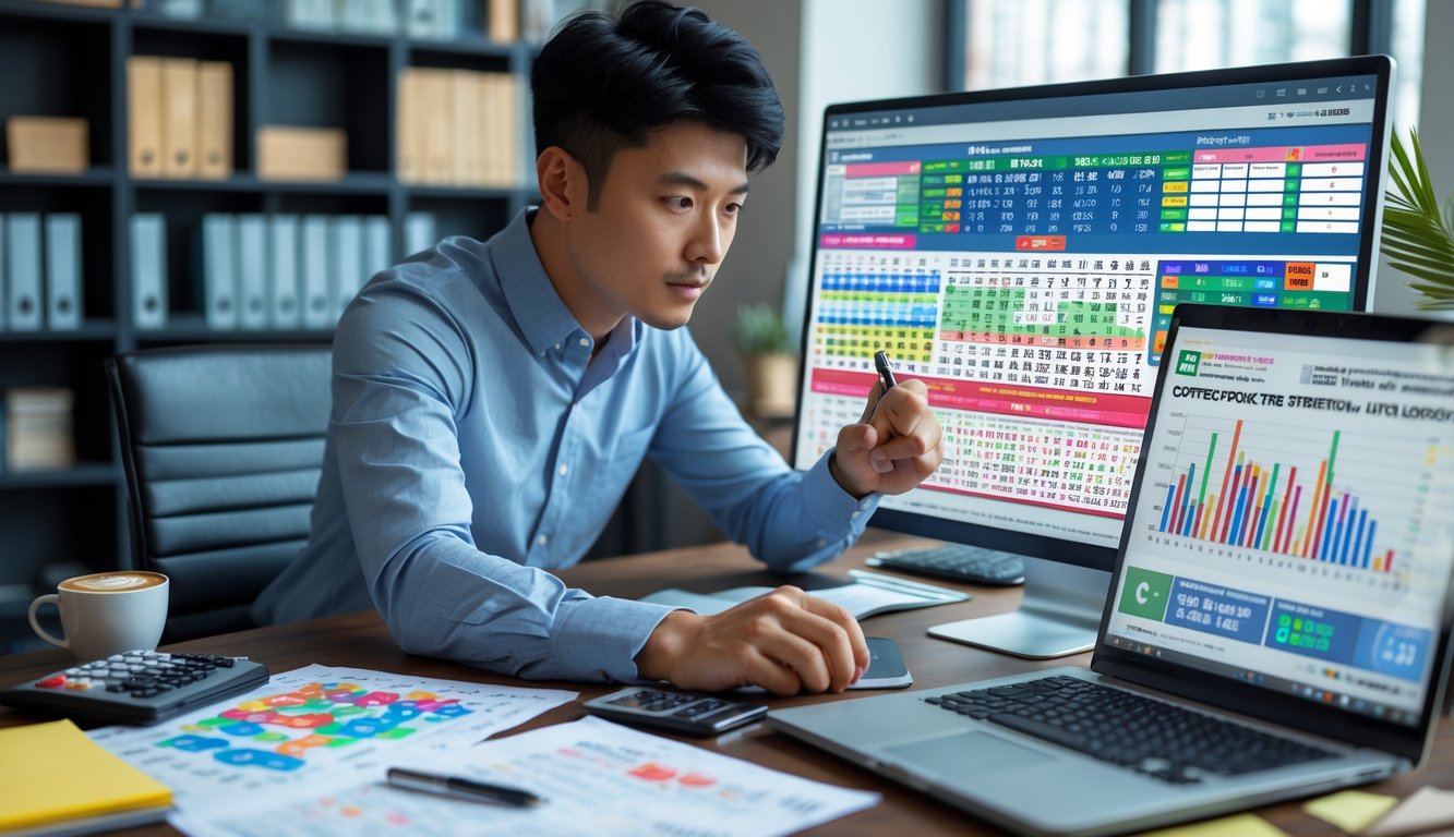 Seorang pria muda sedang menganalisis data dan grafik strategi judi togel di sebuah kantor modern.