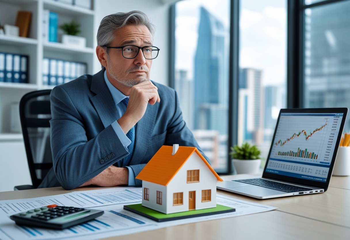 A man in a business suit sitting at a desk with a small house model and financial charts, looking thoughtful and skeptical.