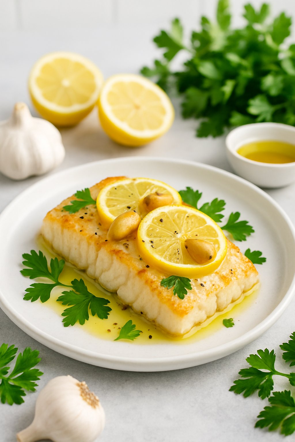 A baked cod fillet garnished with lemon slices and garlic on a white plate, surrounded by fresh ingredients including garlic, lemon, and parsley.