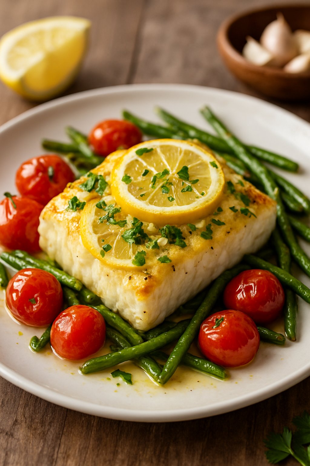 A baked cod fillet garnished with lemon slices, garlic, and parsley on a plate with roasted vegetables.