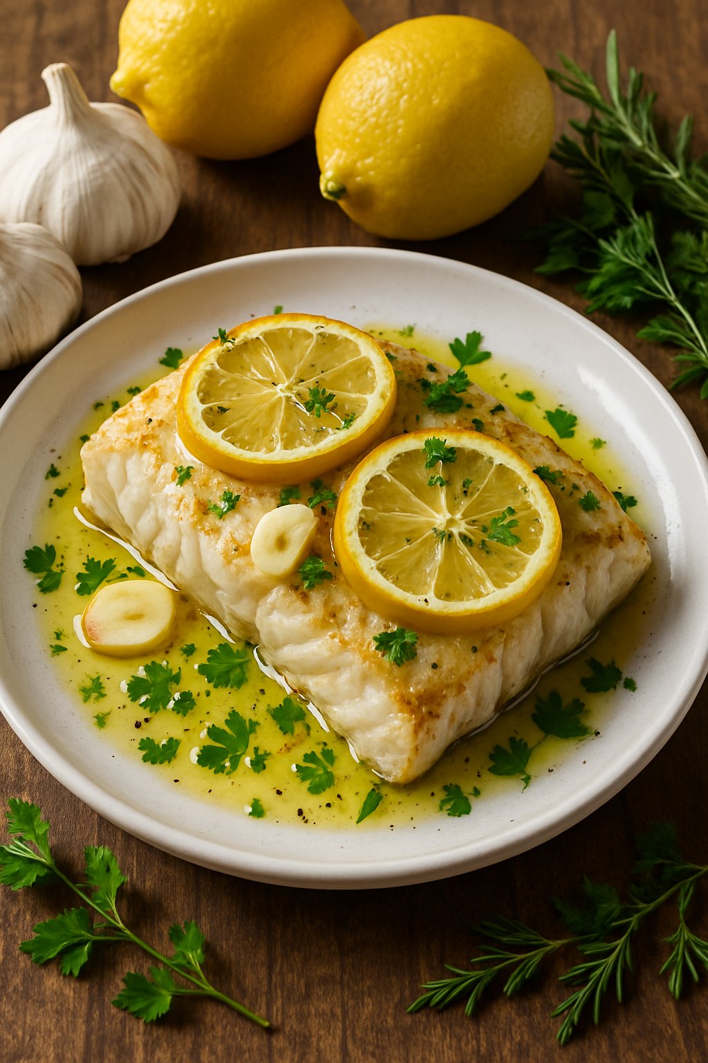 A baked cod fillet garnished with lemon slices and garlic on a white plate with fresh herbs and ingredients on a wooden table.
