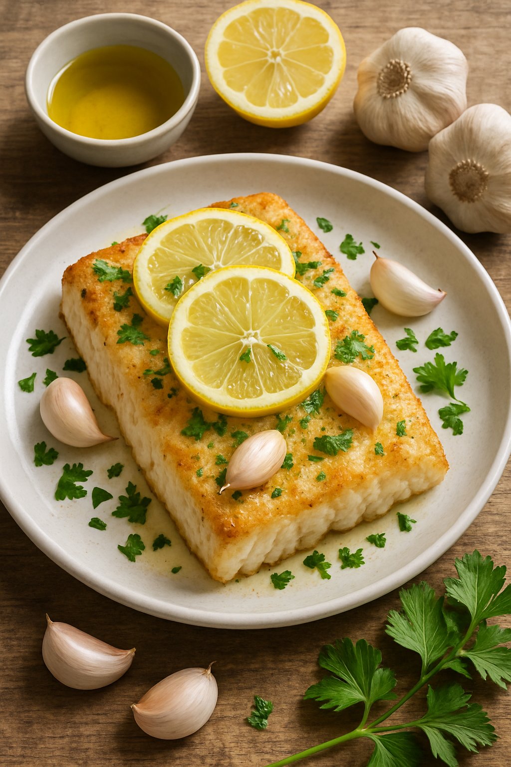 A baked cod fillet garnished with lemon slices, garlic, and parsley on a plate with fresh ingredients on a wooden table.