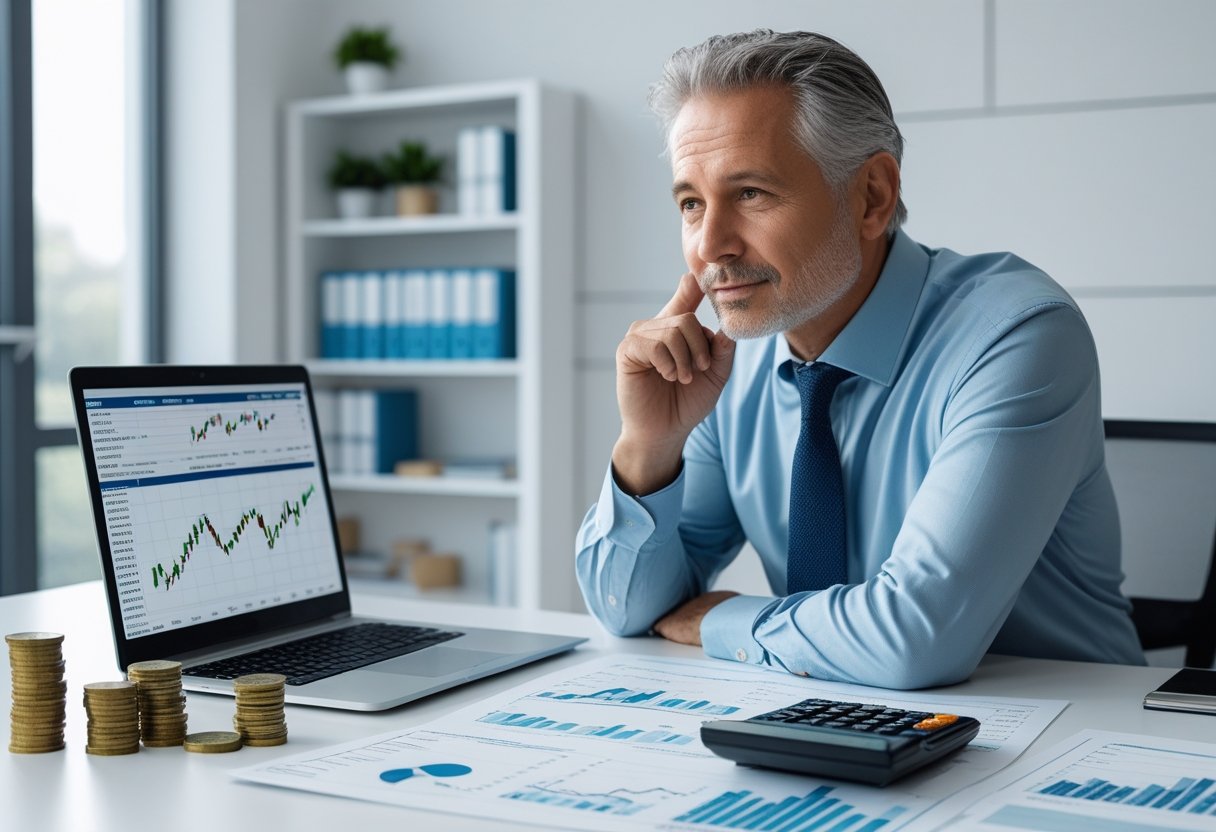 A man sitting at a desk reviewing financial documents with coins and a laptop displaying stock charts in a bright office.