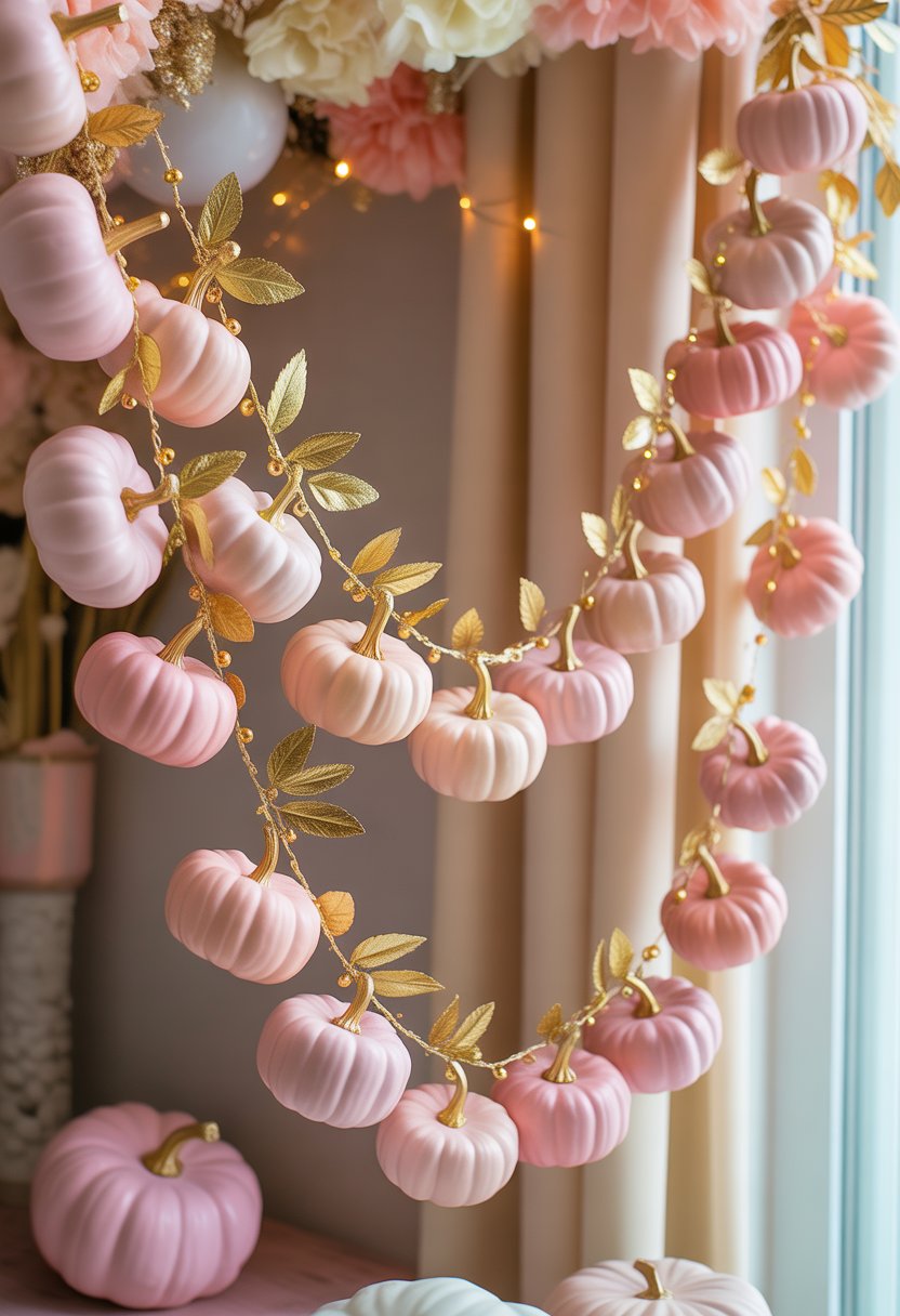 A garland of small pink pumpkins with gold accents hanging against a soft background, surrounded by pastel decorations.