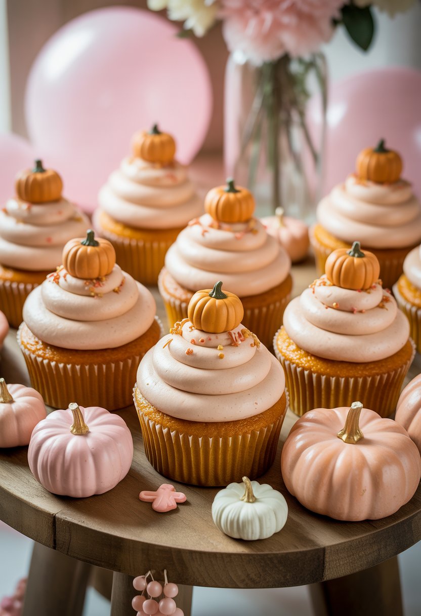 A set of pumpkin spice cupcakes with pink frosting and pumpkin-shaped toppers arranged on a wooden table with pink baby shower decorations.