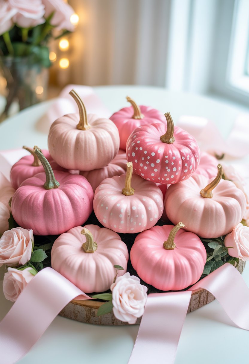 A group of small pink pumpkins arranged with pink ribbons, rose petals, and greenery on a white surface, creating a festive baby shower scene.