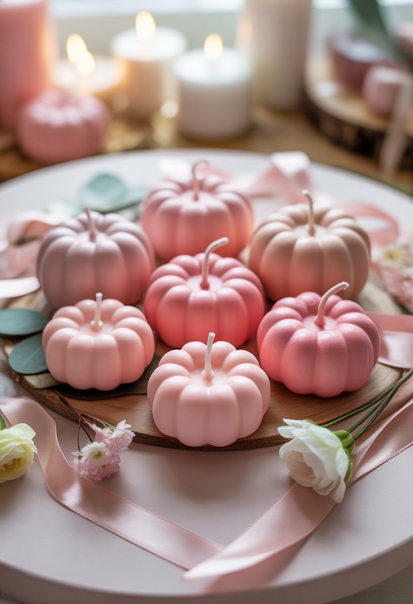 A group of pink pumpkin-shaped candles arranged with small white flowers and pastel decorations on a white surface.