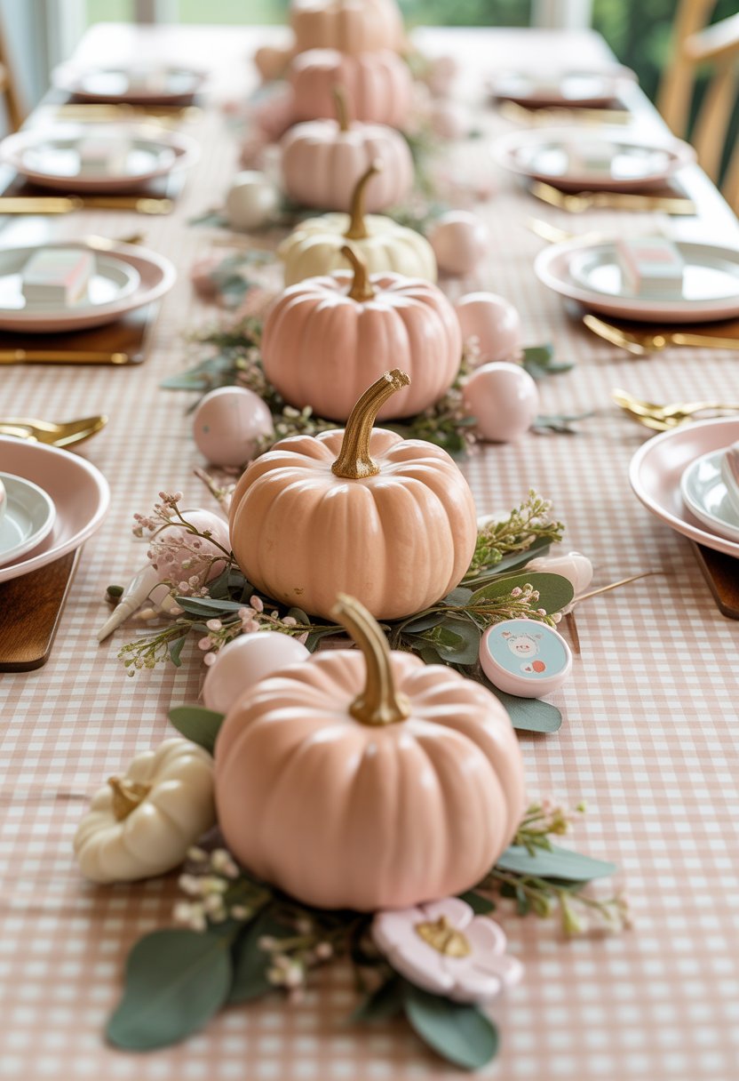A table covered with a gingham tablecloth decorated with pink pumpkin centerpieces and small floral accents for a baby shower.