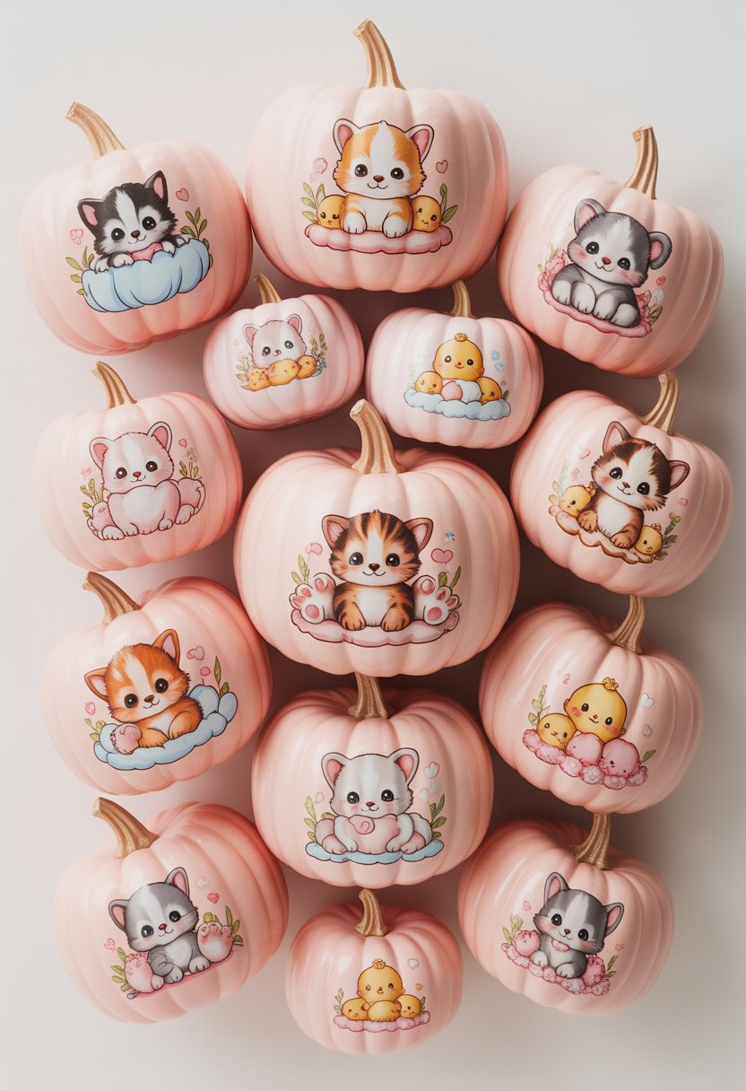 A collection of soft pink pumpkins decorated with cute baby animal illustrations arranged on a light background.