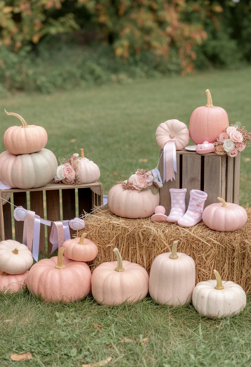 A pumpkin patch photo booth with small pink pumpkins and pink baby shower props arranged outdoors on wooden crates and hay bales.