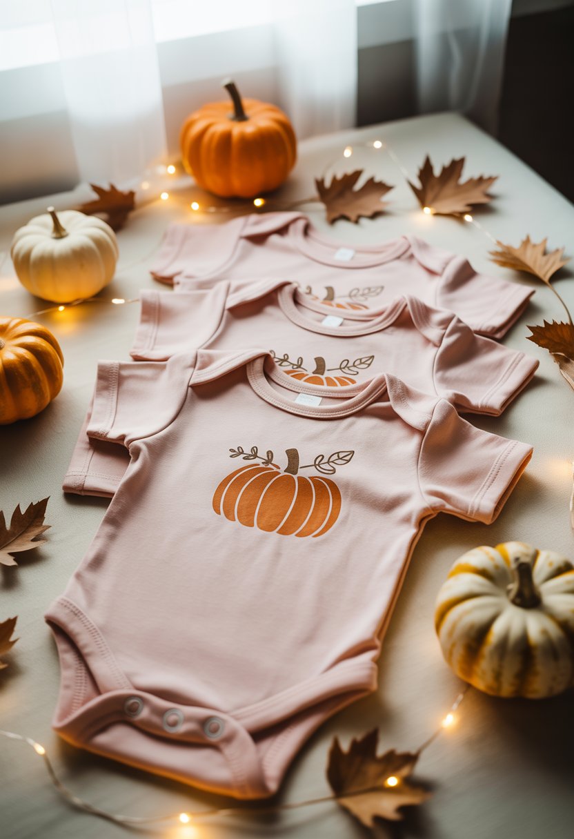 Blush pink baby onesies with pumpkin designs arranged with small pumpkins and autumn decorations on a white surface.