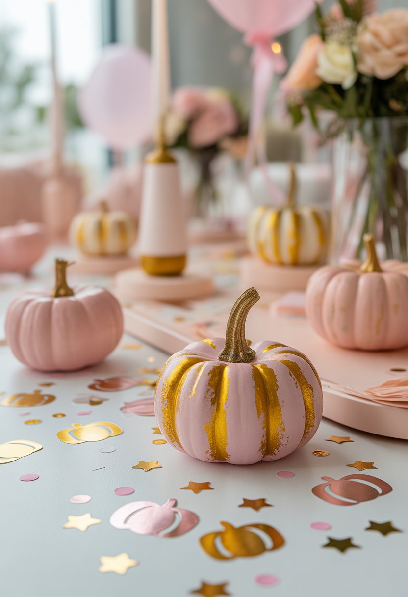 A baby shower table decorated with pink and gold pumpkins and matching pumpkin-shaped confetti scattered around.