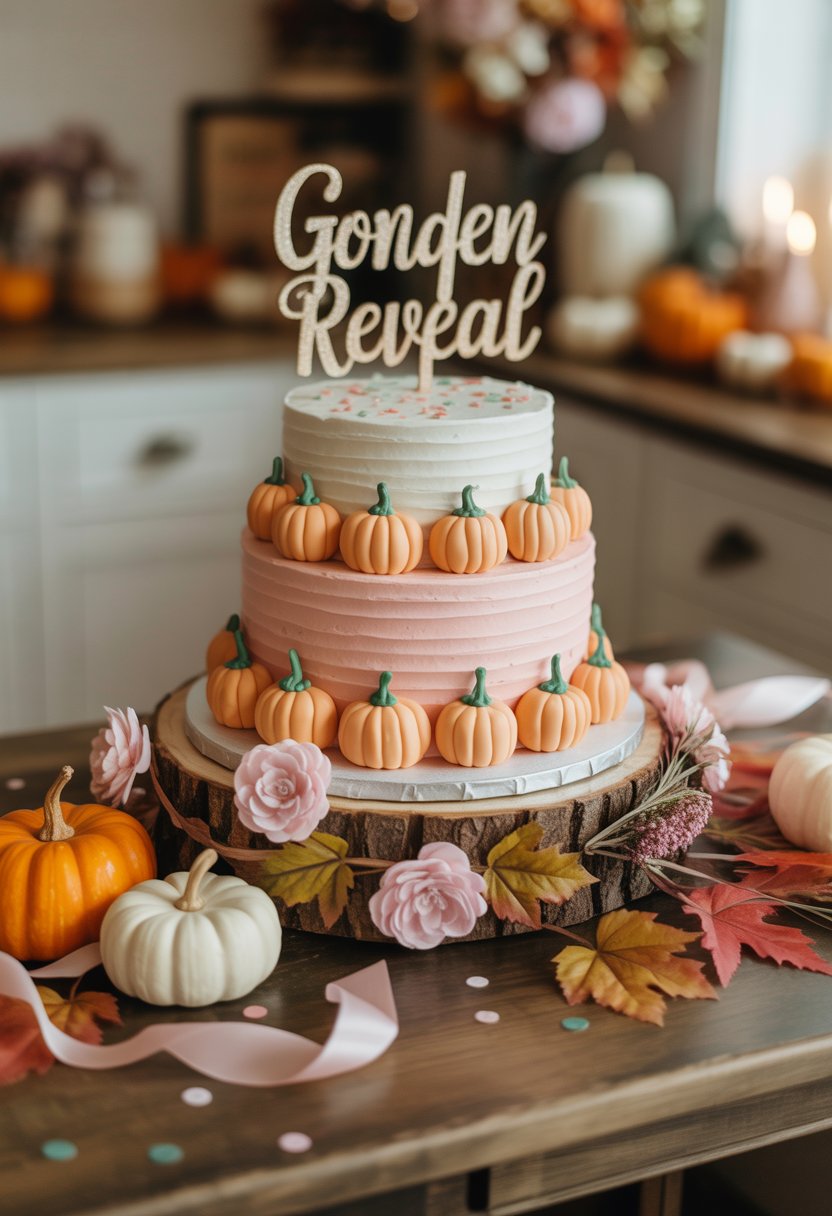 A multi-tiered gender reveal cake decorated with small pink pumpkins and flowers on a wooden table with baby shower decorations.