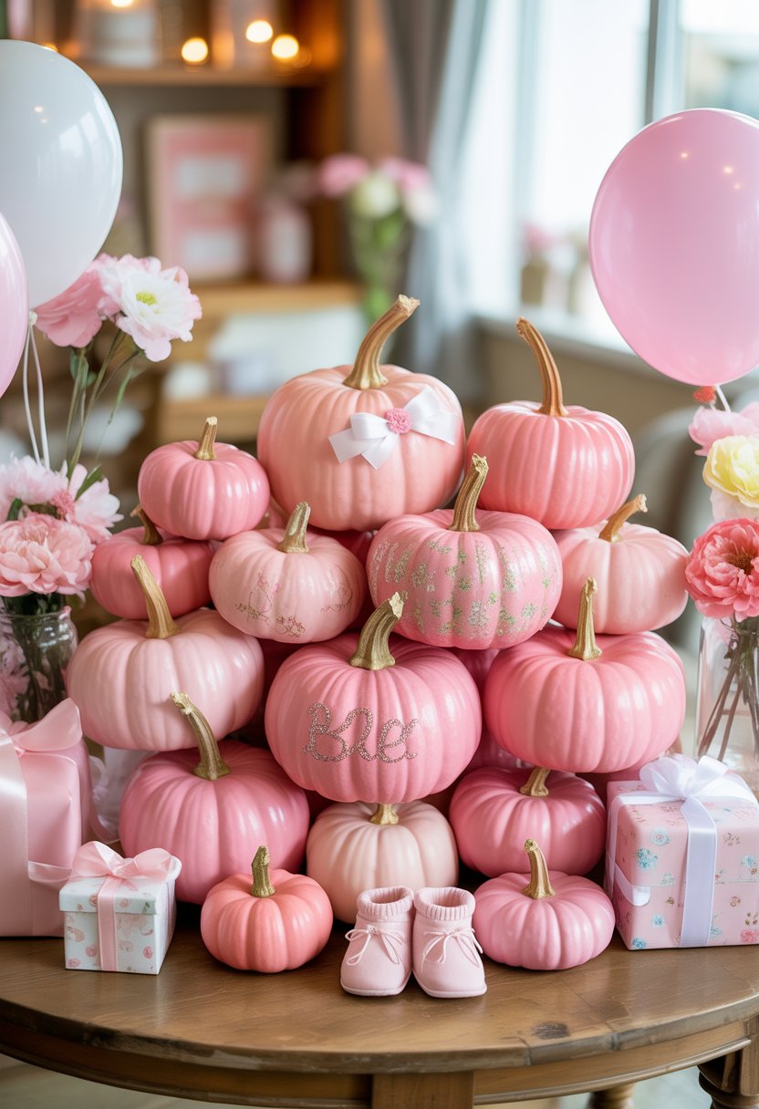 A table decorated with 15 small pink pumpkins, pink balloons, flowers, baby booties, and gift boxes for a baby shower celebration.