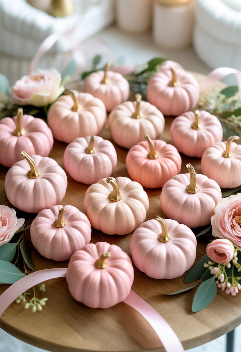 A group of small pink pumpkins arranged on a wooden table surrounded by flowers and greenery, used as place card holders for a baby shower.