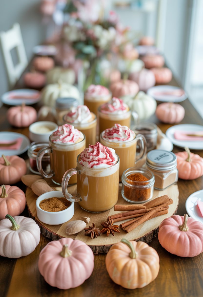A pumpkin spice latte bar with mugs of latte topped with pink whipped cream, surrounded by small pink pumpkins and floral decorations on a wooden table.