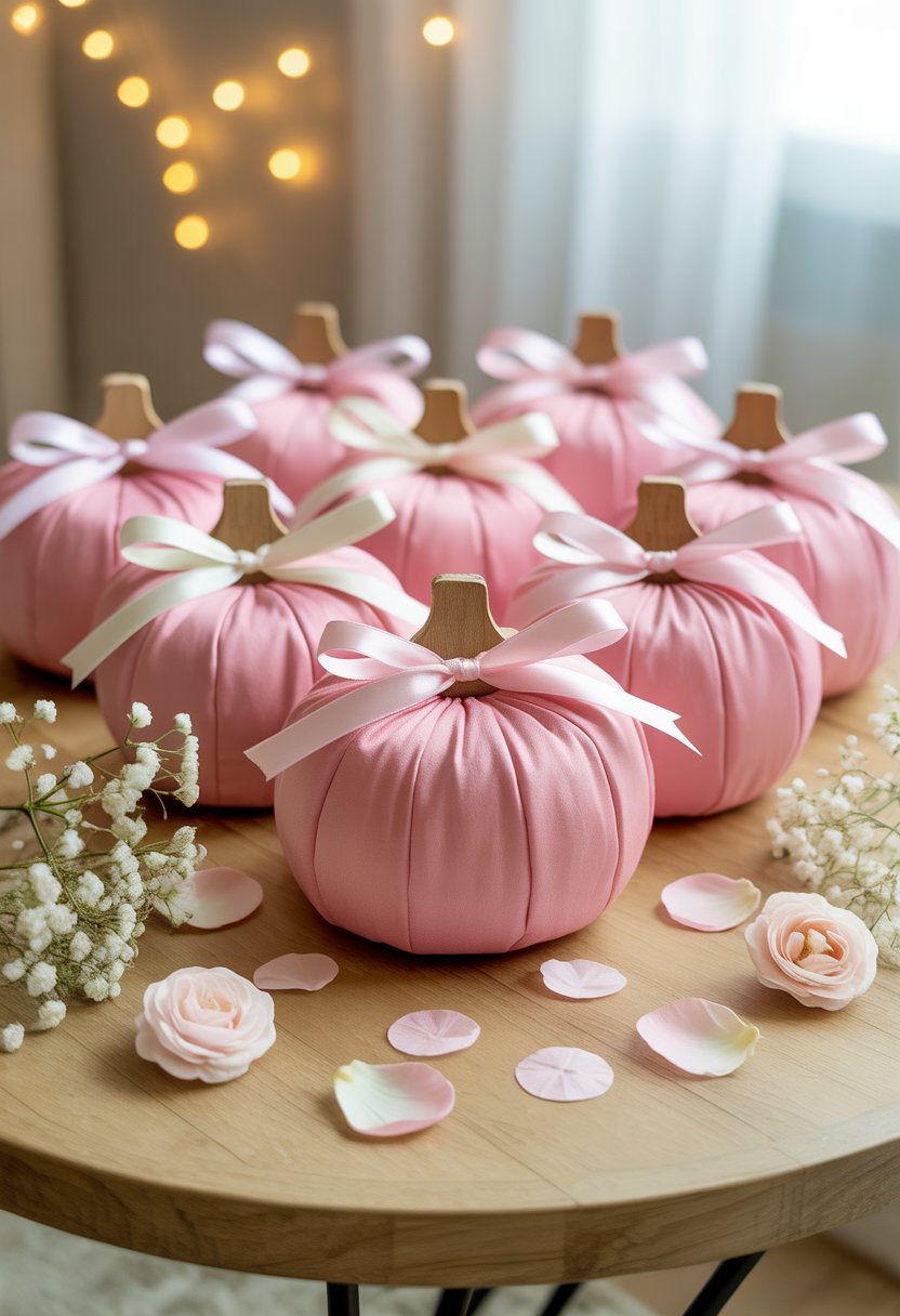 Pink pumpkin-shaped baby shower favor bags arranged on a table with soft pink and white decorations.