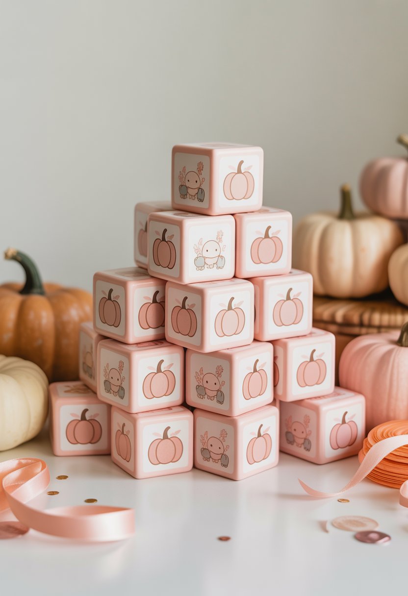 A stack of pastel pink baby blocks decorated with pumpkin designs arranged on a white surface with baby shower decorations around them.