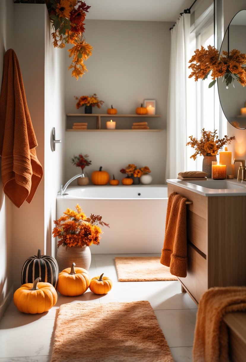 A bathroom decorated with fall-themed items including pumpkins, dried leaves, and warm-colored towels.