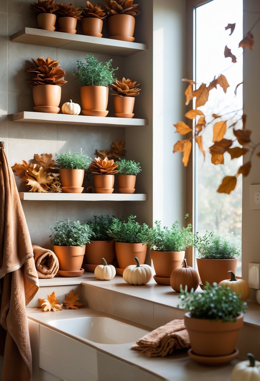 A bathroom decorated for fall with warm terracotta plant pots and autumn-themed decor.
