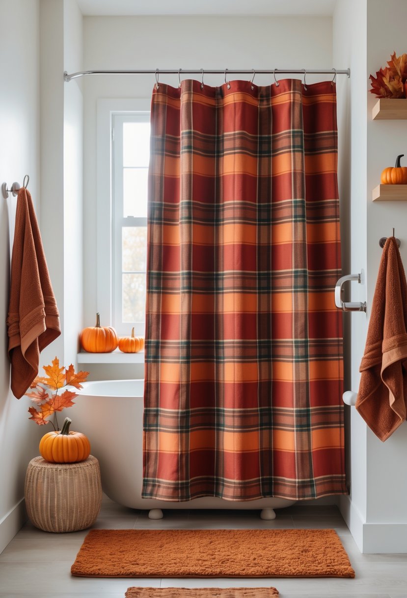 A bathroom decorated for fall with a plaid shower curtain in autumn colors and seasonal decorations like small pumpkins and dried leaves.