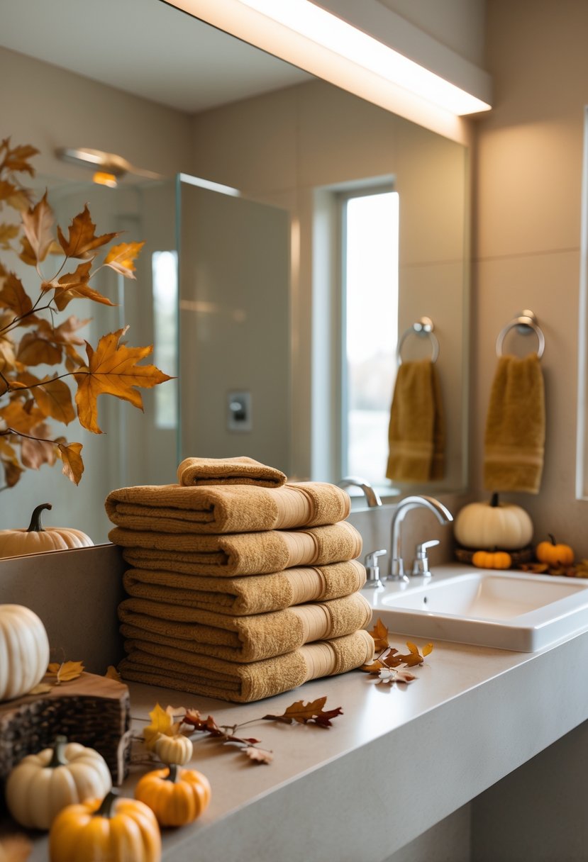A bathroom decorated for fall with gold-toned hand towels on a towel rack and autumnal decorations around the sink.