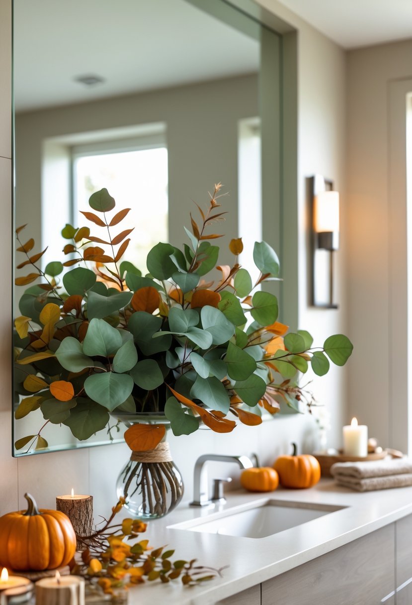 A bathroom decorated for fall with a eucalyptus leaf arrangement on the countertop and autumn-themed decor.