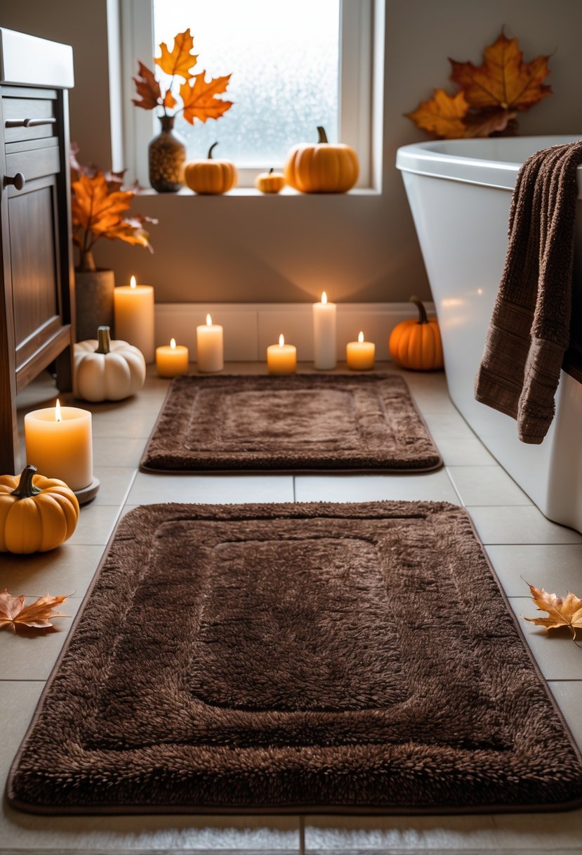 A bathroom decorated for fall with chocolate brown bath rugs and autumn-themed decorations.