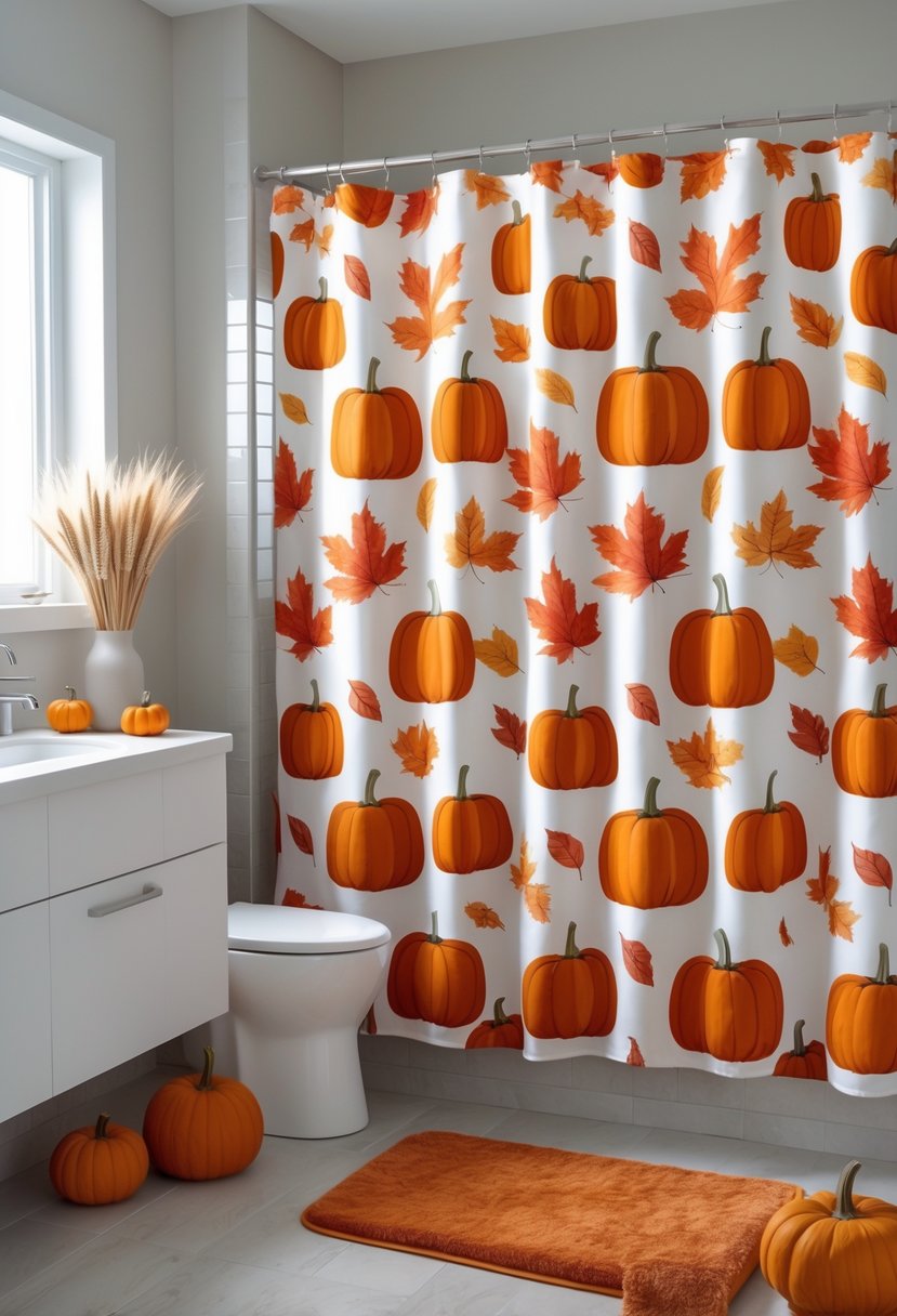 A bathroom with a pumpkin-themed shower curtain and fall decorations including small pumpkins and dried wheat stalks.