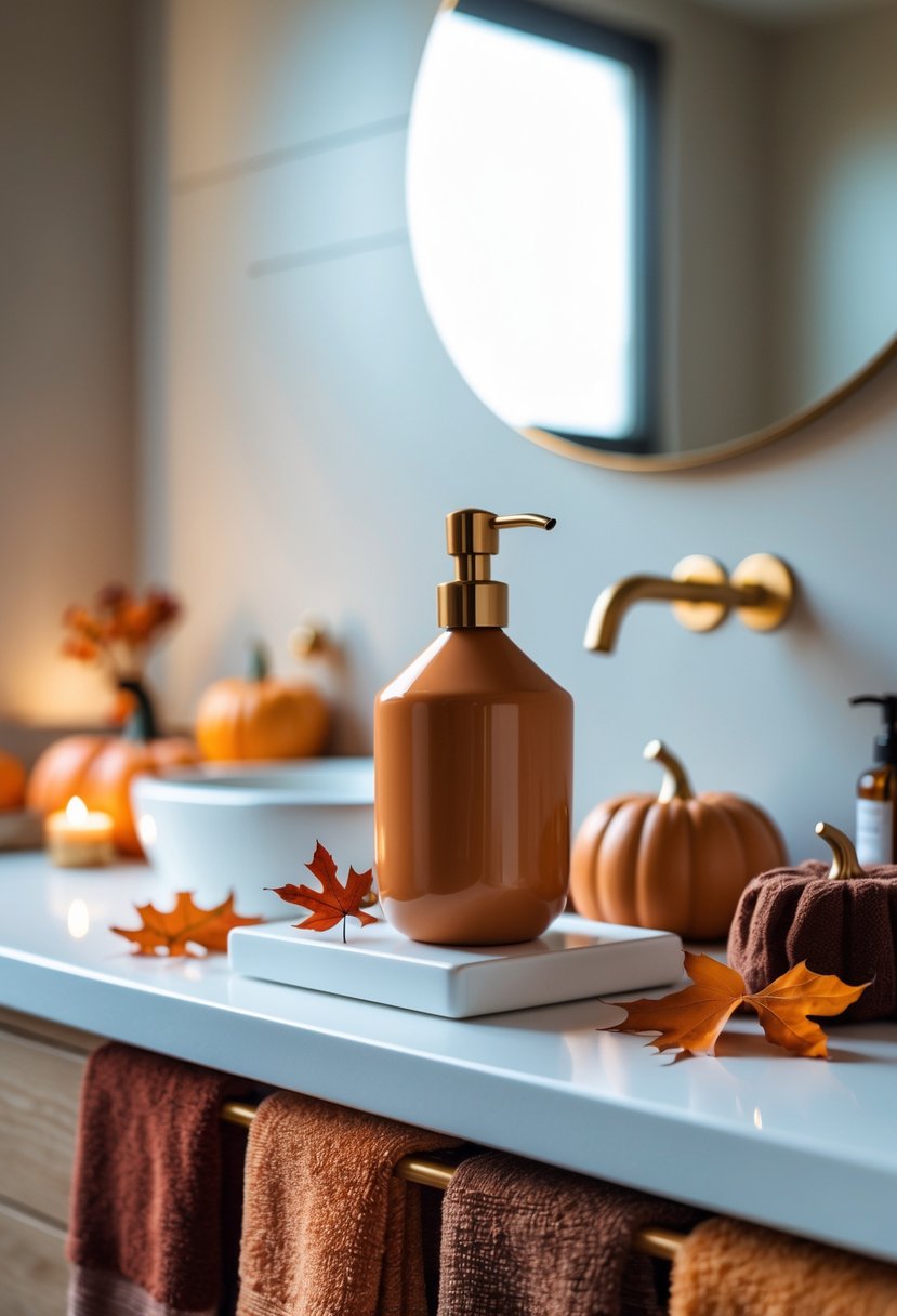 A bathroom countertop with a rust orange soap dispenser and autumn decorations including small pumpkins and dried leaves.