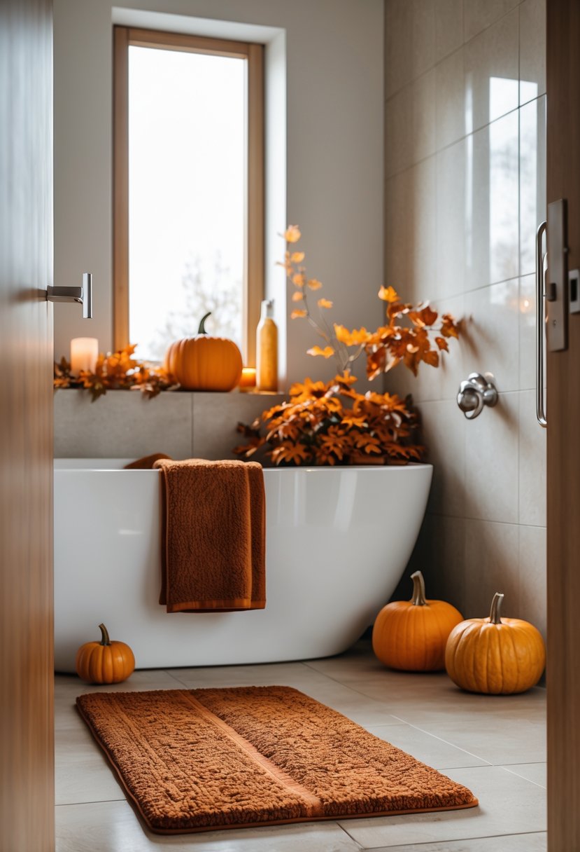 A bathroom with a burnt sienna bath mat on the floor and fall decorations including pumpkins and dried leaves.