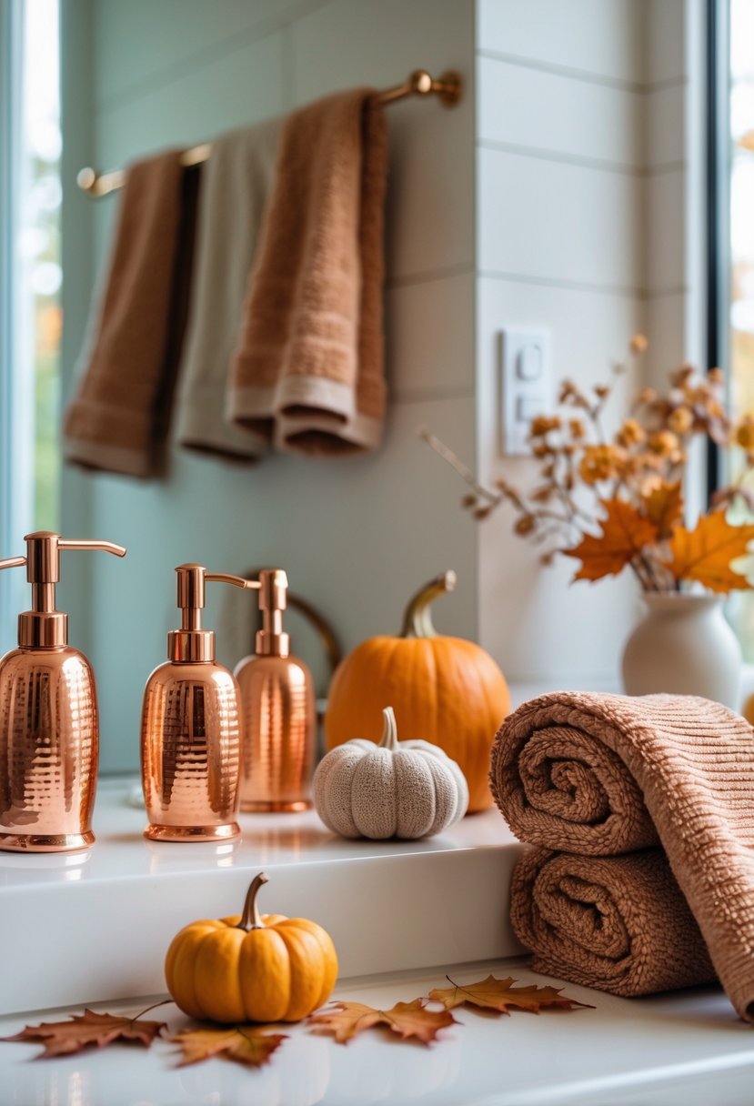 A bathroom with copper accessories and autumn decorations including pumpkins and fall leaves.