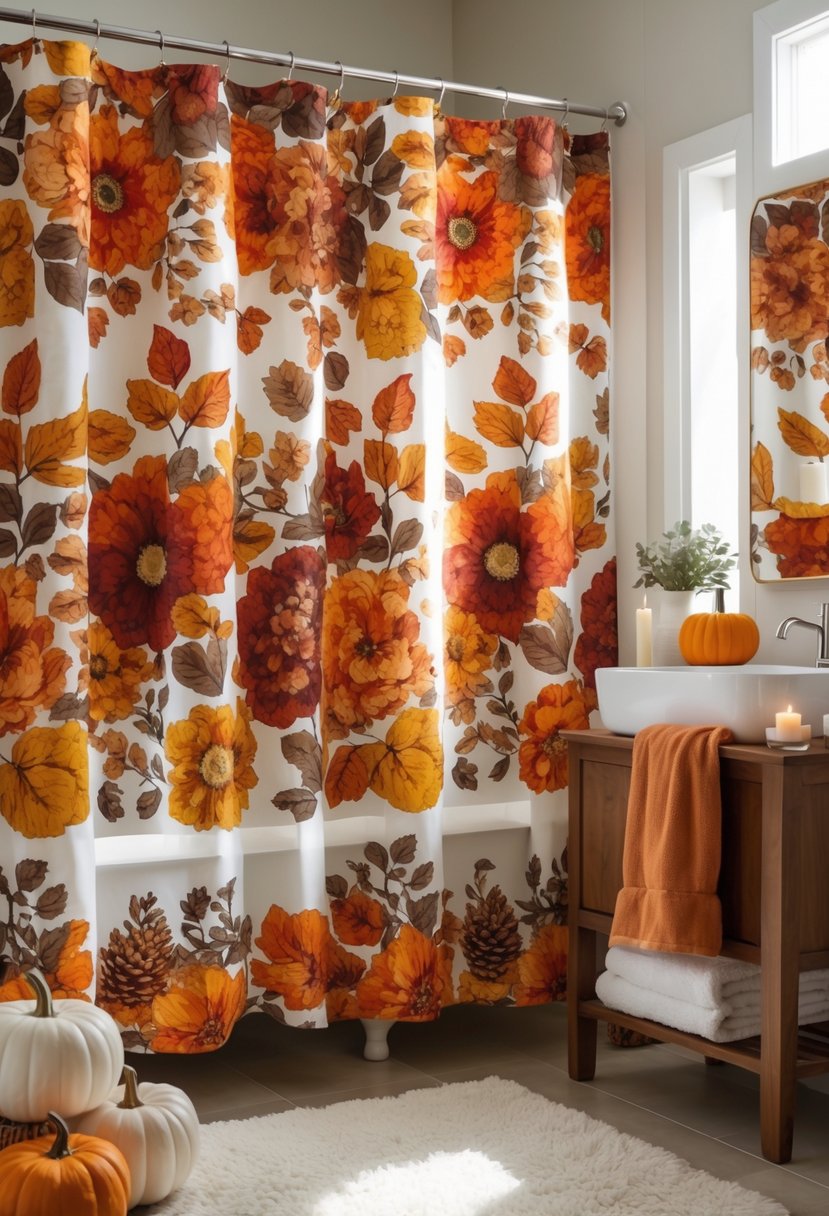 A bathroom decorated for fall with a floral shower curtain in autumn colors and seasonal decor.