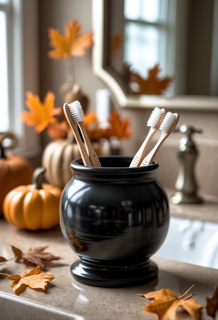 Black ceramic toothbrush holder on a bathroom countertop decorated with fall-themed items like pumpkins and dried leaves.