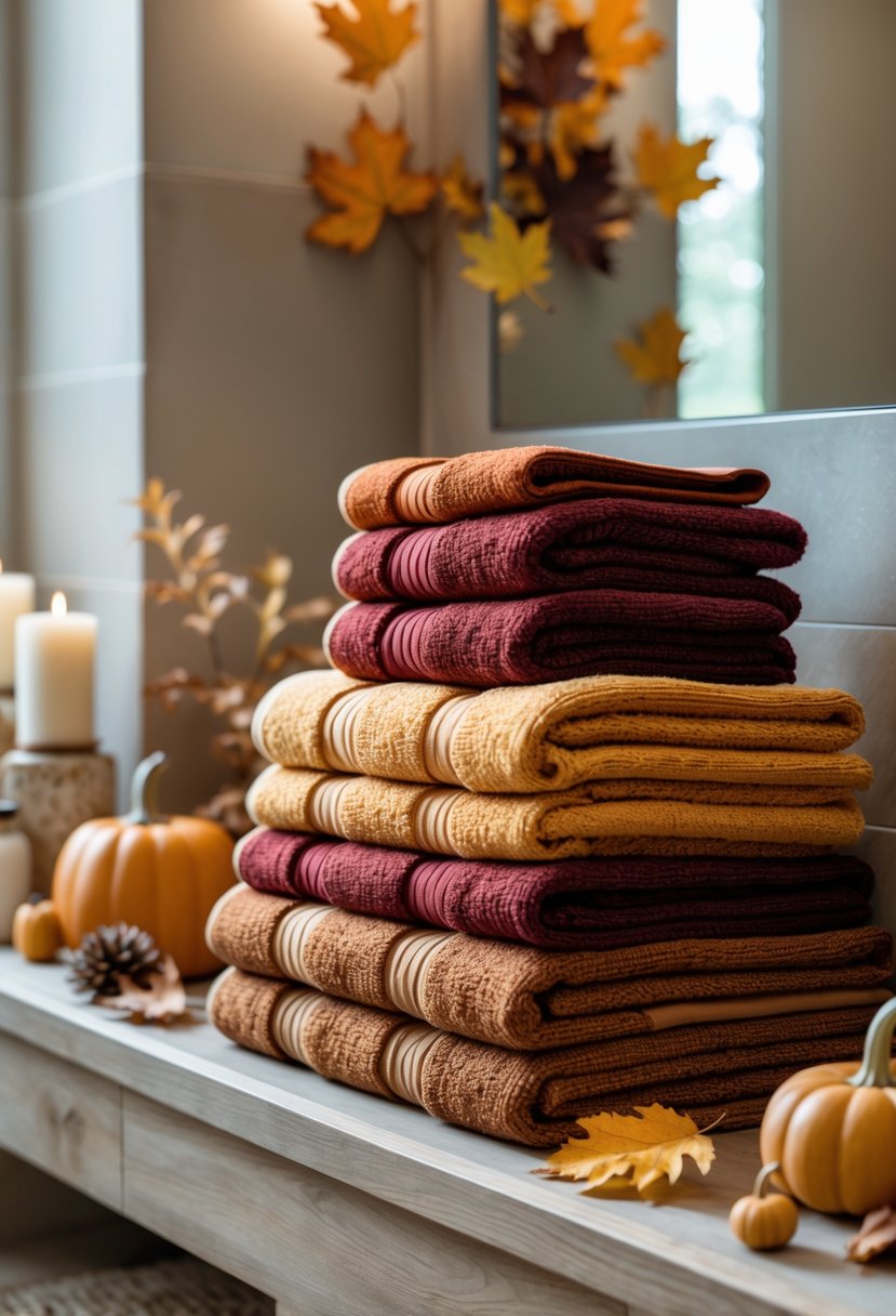 Stacked warm textured towels with fall-themed bathroom decorations including small pumpkins and dried leaves.