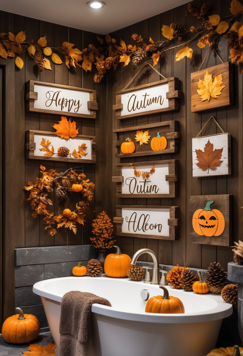 A bathroom decorated with rustic wooden wall signs and autumn-themed decorations including pumpkins and leaves.