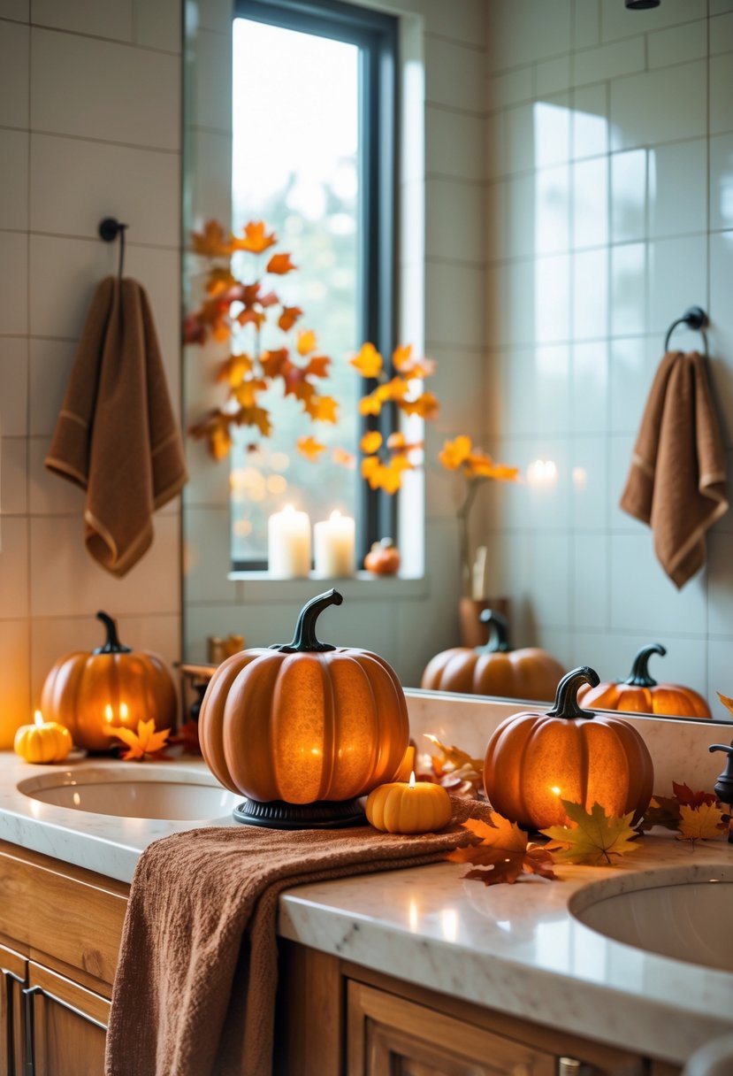 A bathroom decorated for fall with pumpkin-shaped candle holders on the countertop near the sink.
