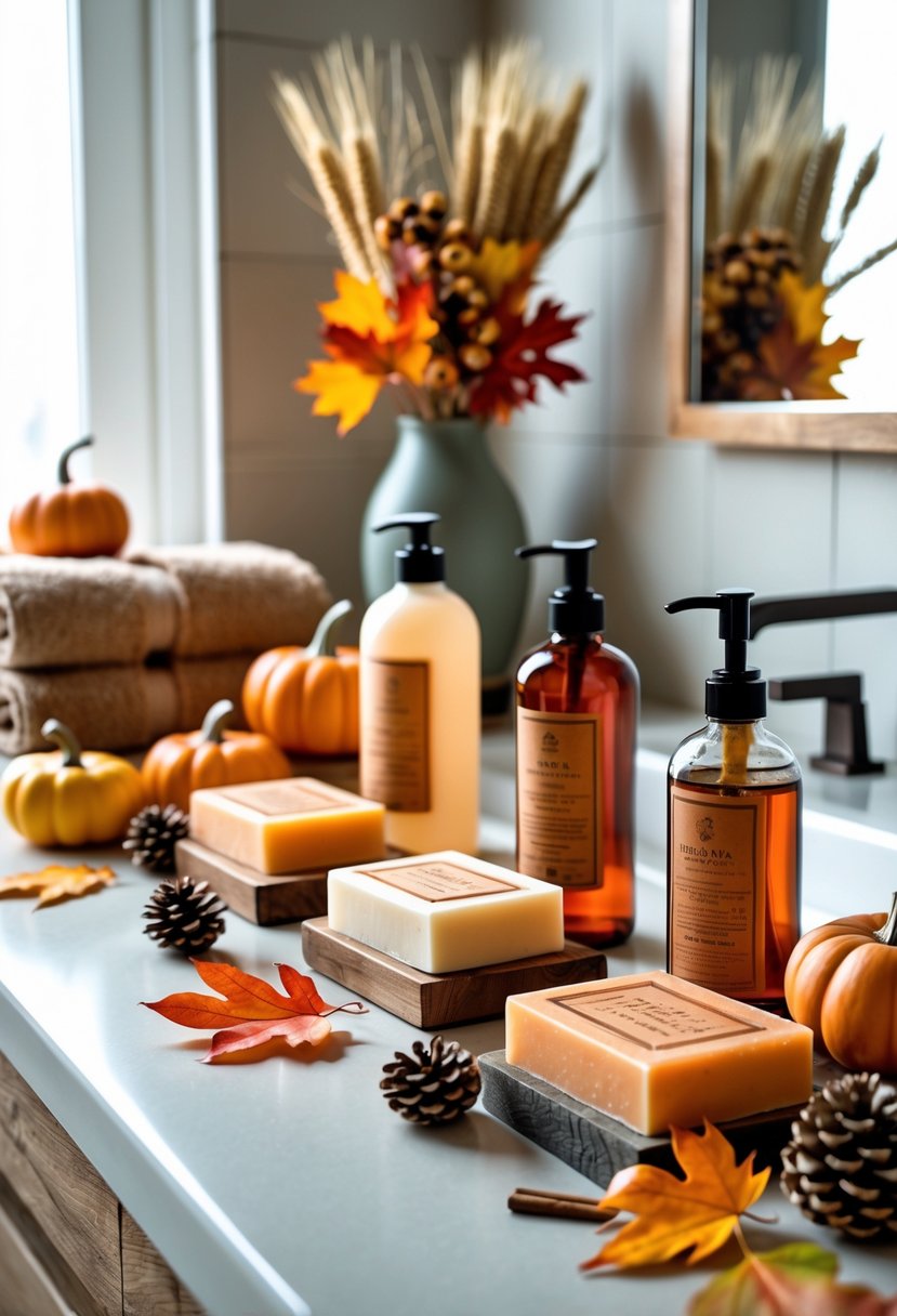 Bathroom countertop with autumn-themed bath soaps and fall decorations including pumpkins and leaves.