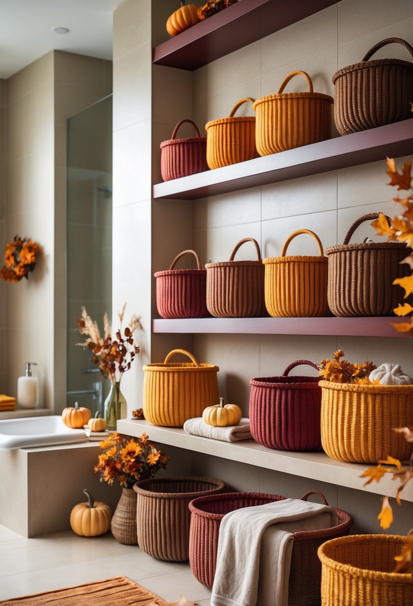 A bathroom decorated for fall with harvest-colored storage baskets and autumn-themed accents.
