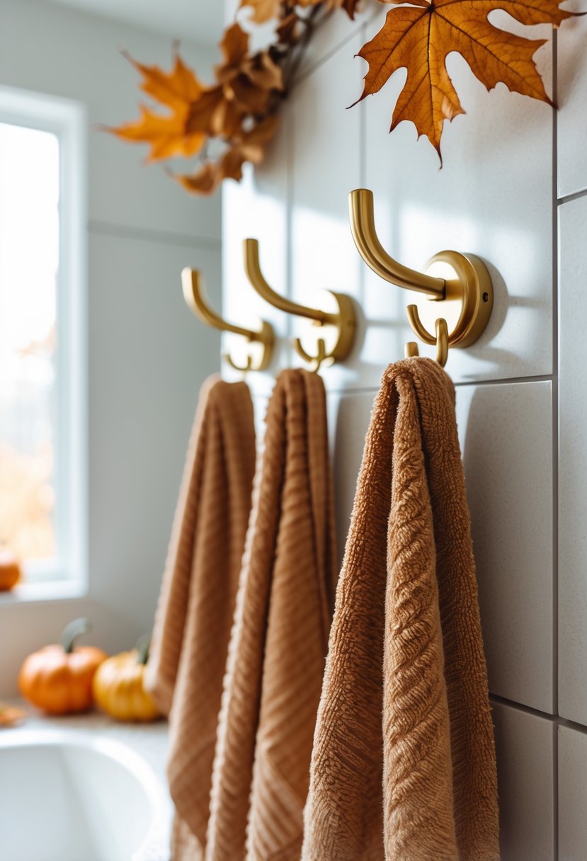 A bathroom wall with warm gold hooks holding towels and fall decorations including small pumpkins and dried leaves.