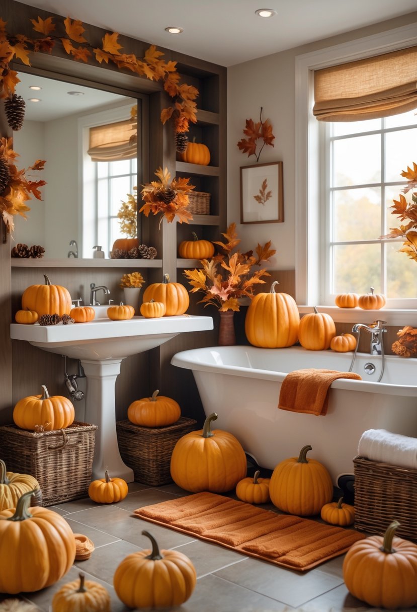 A bathroom decorated with pumpkins, autumn leaves, and warm fall accents creating a cozy harvest atmosphere.