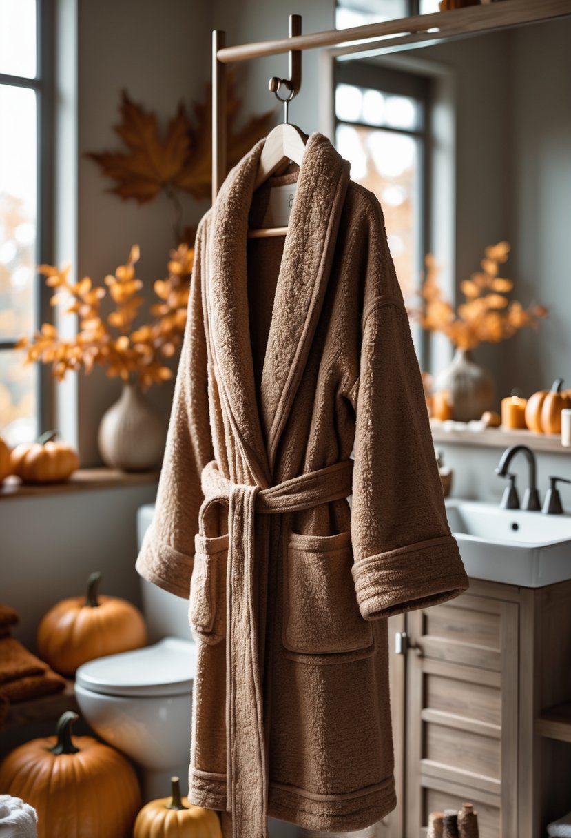 A brown wool bathrobe hanging in a bathroom decorated with fall-themed items like pumpkins and dried leaves.