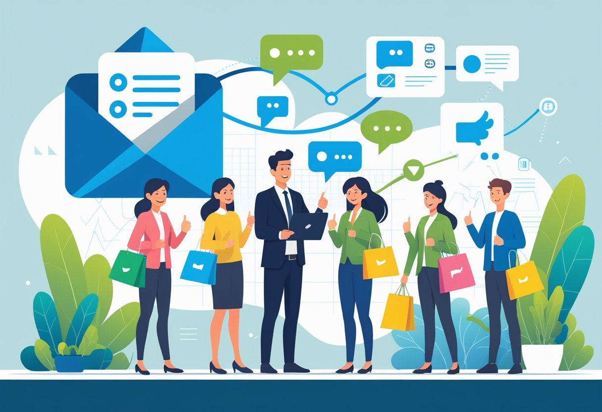 People connecting from an email inbox to a marketer, leading to happy customers with shopping bags and loyalty cards.